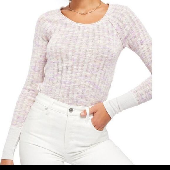 We The Free Spaced Out Long Sleeve Top Knit Pink Combo Large NWT - Picture 6 of 8